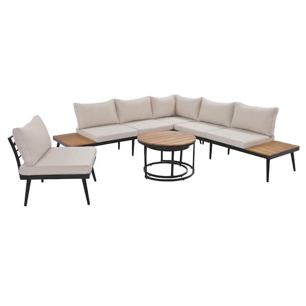 Cesicia Black 6-Piece Metal Outdoor Sectional Set with Beige Cushions and Round Nesting Coffee Tables