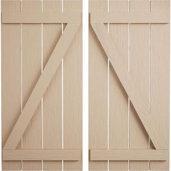Ekena Millwork 23.5 in. x 82 in. Timberthane Polyurethane 4-Board Spaced Board-n-Batten Rough Sawn Faux Wood Shutters w/Z-Board Pair