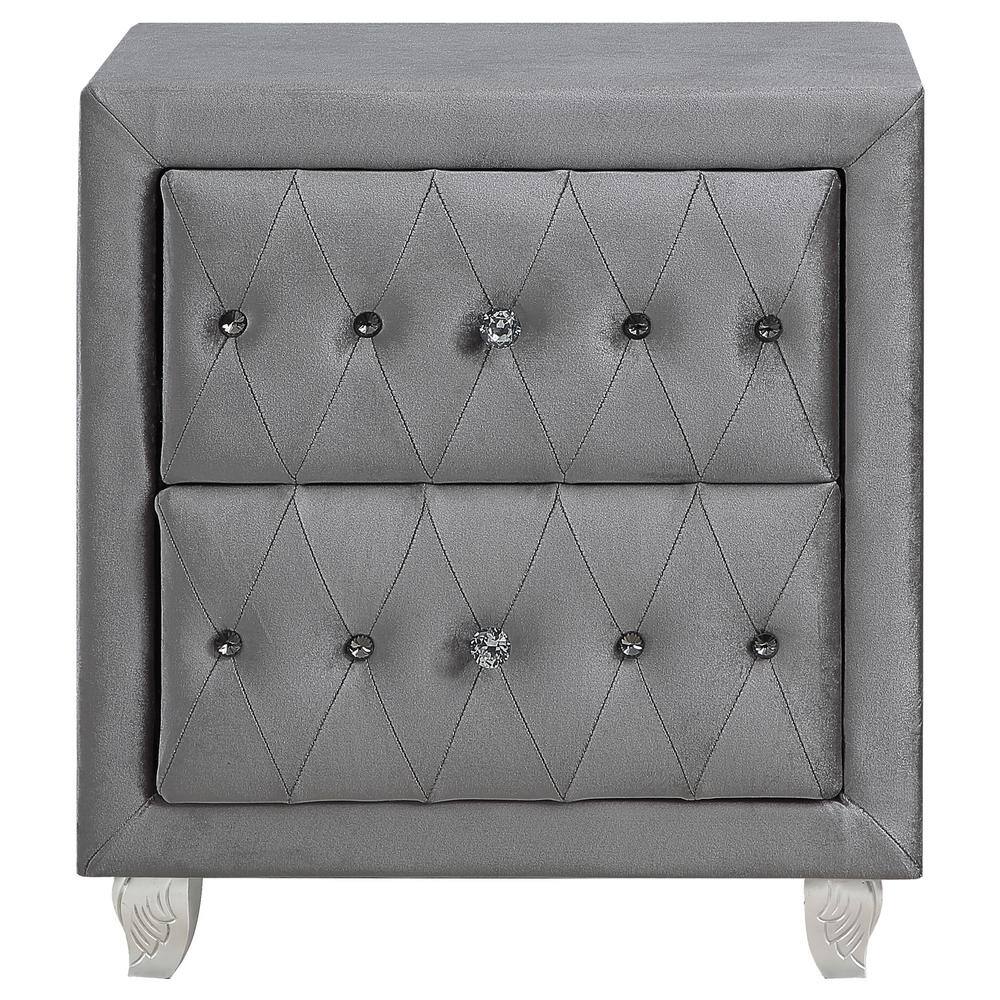 Gray Velvet 2-Drawer Nightstand with Crystal Pulls