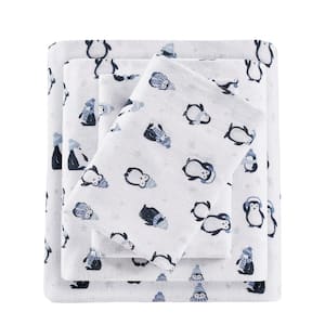 Cozy Soft 3-Piece Blue Penguins Cotton Twin XL Flannel Printed Sheet Set