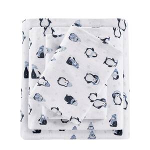 Cozy Soft 4-Piece Blue Penguins Cotton Queen Flannel Printed Sheet Set