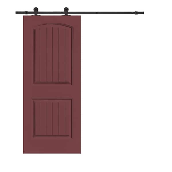 CALHOME Elegant Series 30 in. x 80 in. Maroon Stained Composite MDF 2 Panel Camber Top Sliding Barn Door with Hardware Kit