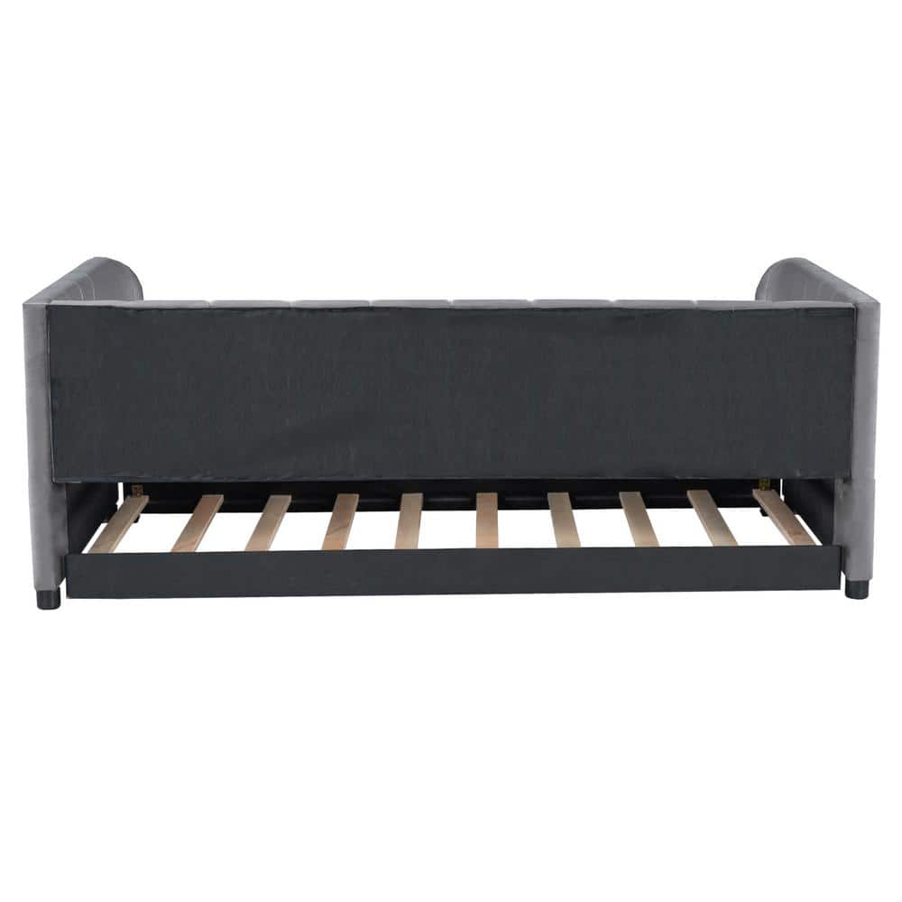 Gray Velvet Upholstered Twin Daybed with Trundle and Wood Frame