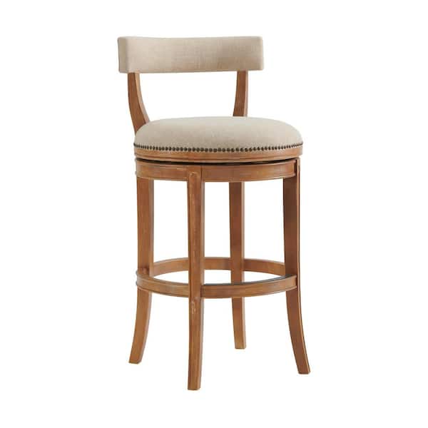 Alaterre Furniture Hanover 41 in. Weathered Brown and Beige Rubberwood Swivel Bar Height Bar Stool With Cushioned Seat and Low Back