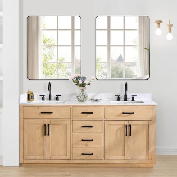 Altair Gavino 72 in. W x 22 in. D x 34 in. H Double Sink Bath Vanity in Light Brown with White Composite Stone Top and Mirror