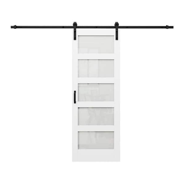 30 in. x 96 in. 5-Lites with Frosted Glass White MDF Sliding Barn Door with Hardware Kit (Soft Close Include)