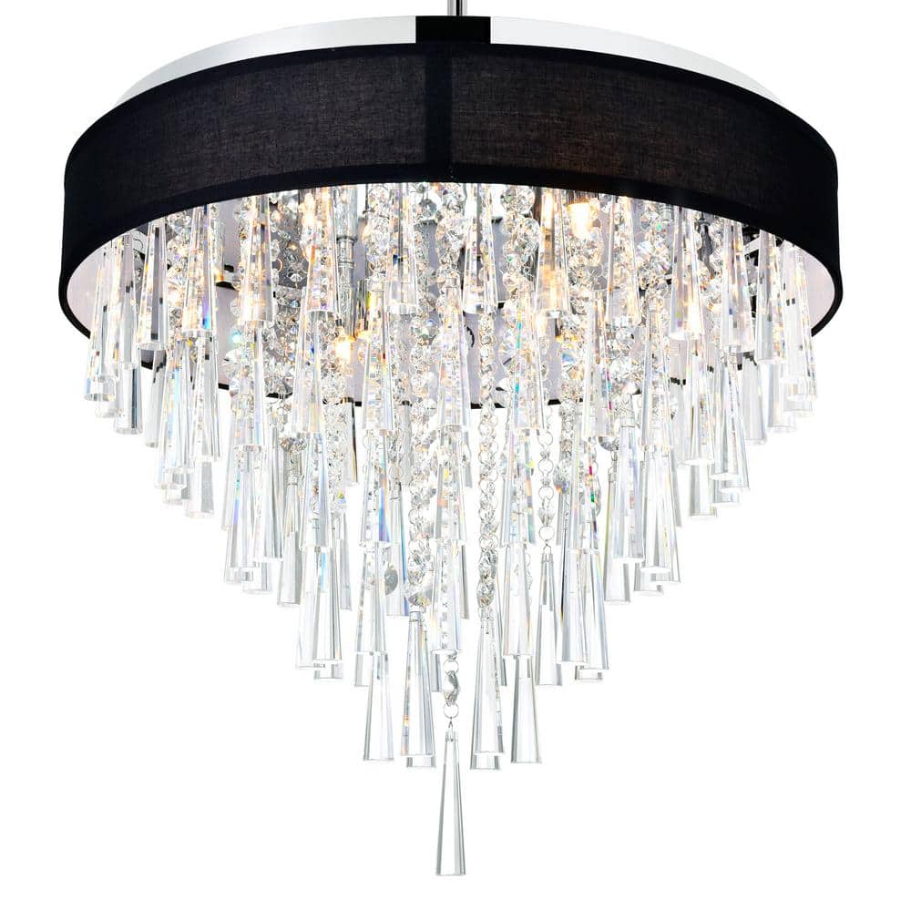 Chrome Drum Shade Black Chandelier with Crystals