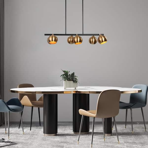 Modern 6-Light Brass-Plated/Black Chandelier, Globe Pendant Light for Dining Room, Mid-Century Linear Pendant Lighting