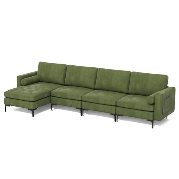 Costway 128 in. W Square Arm 4-Piece Suede Modular Sectional Sofa in Green with Reversible Chaise and 2-USB Ports