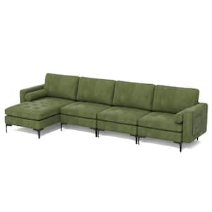 128 in. W Square Arm 4-Piece Suede Modular Sectional Sofa in Green with Reversible Chaise and 2-USB Ports