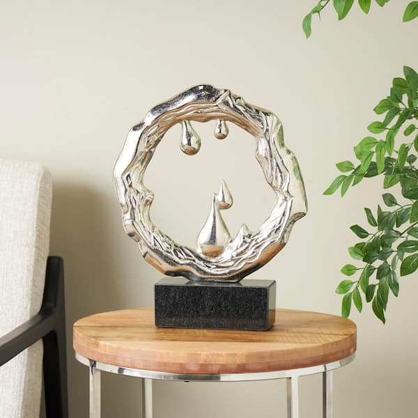 Litton Lane 3 in. x 17 in. Silver Aluminum Abstract Sculpture with Marble Base
