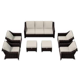 Brown 7-Piece Rattan Wicker Patio Conversation Set Garden Lawn Furniture with Beige Cushions