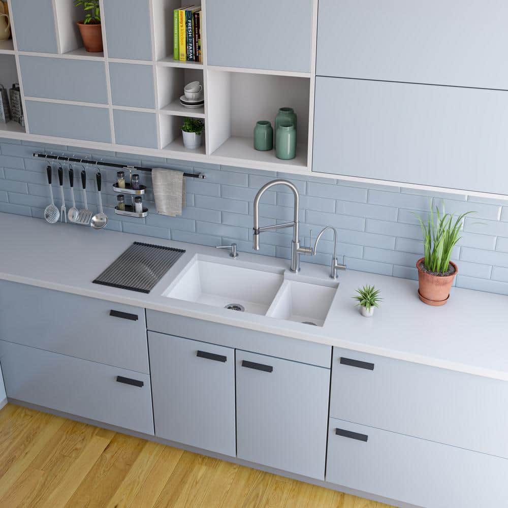 34'' White Granite Double Bowl Undermount Kitchen Sink