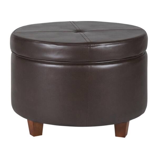 Benjara Brown Faux Leather Round Storage Ottoman BM194948 - The Home Depot