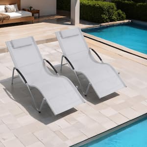 2-Pack Leisure Patio Metal Outdoor Lounge Chair in Light Gray with Headrest