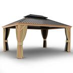 12 ft. x 16 ft. Double Roof Hardtop Wood Grain Aluminum Patio Gazebo with Netting and Khaki Curtains
