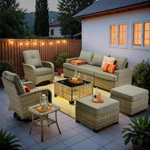 OVIOS Tiberte Gray 9-Piece Wicker Patio Conversation Seating Set with Dark Gray Cushions and Swivel Chairs