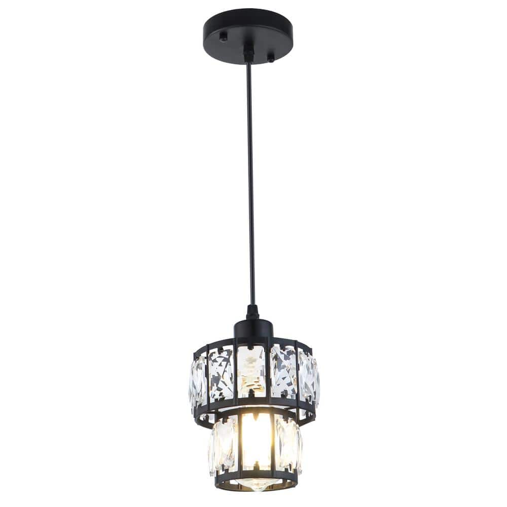 1-Light Crystal Black Modern Drum Mini Pendant Light for Kitchen Island Din