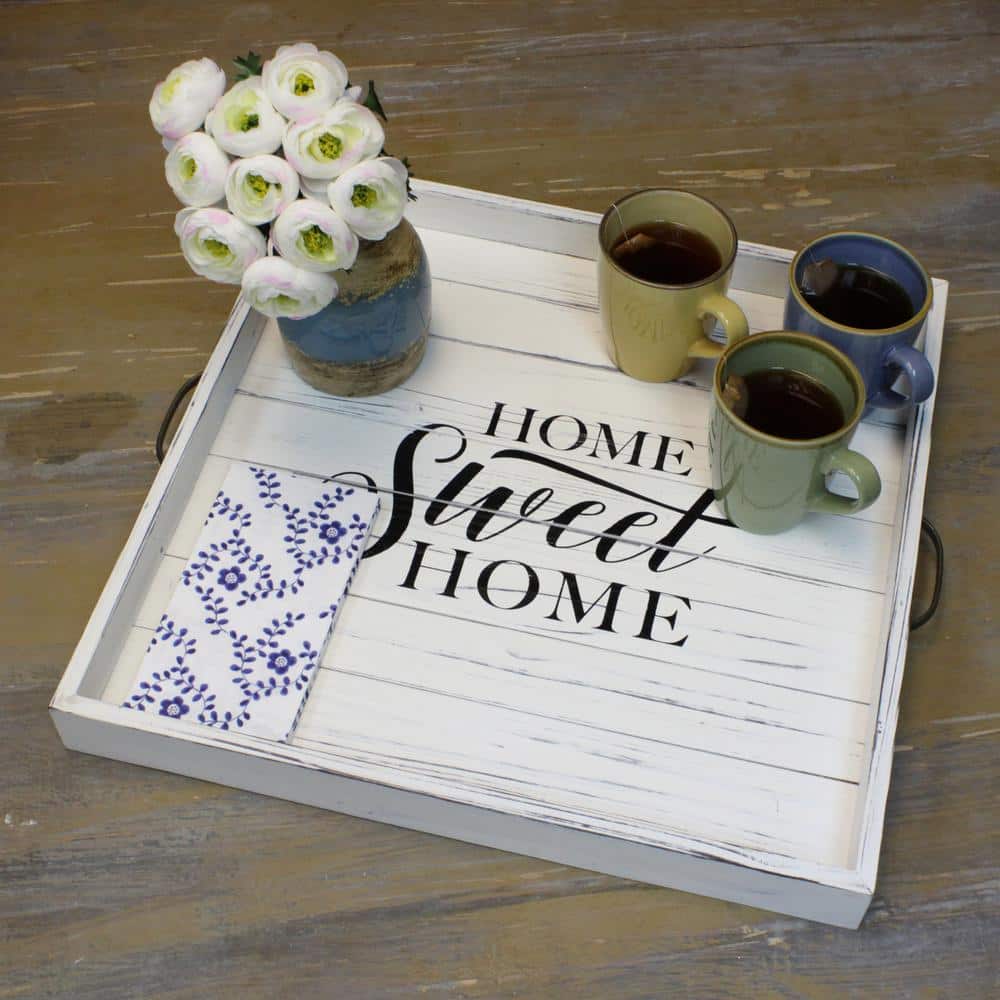 Off-White Distressed Wood Square Decorative Tray with Metal Handles