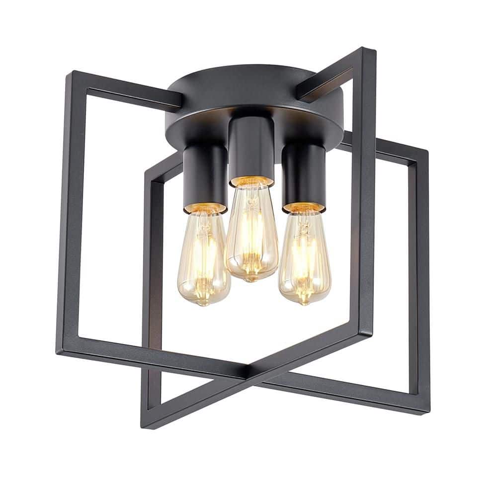 "3-Light 14.6"" Geometric Industrial Farmhouse Matte Black Semi-Flush Mount Ceiling Light for Bedroom Hallway Foyer" price history on PriceWatchPro