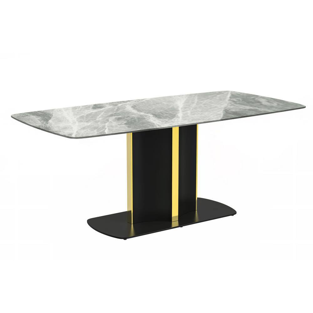 Sylva 71" Light Grey Glass Top Dining Table with Black and Gold Steel Base