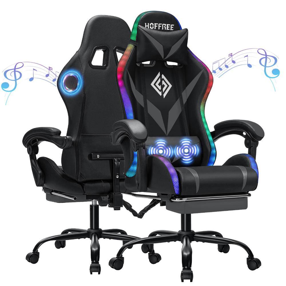 Faux Leather Massage LED Gaming Chair with Bluetooth Speaker in Black and Gray with Footrest Headrest Lumbar Support