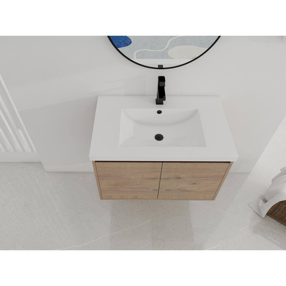 Natural Wood Brown Wall-Mount Vanity with White Gel-Coat Top