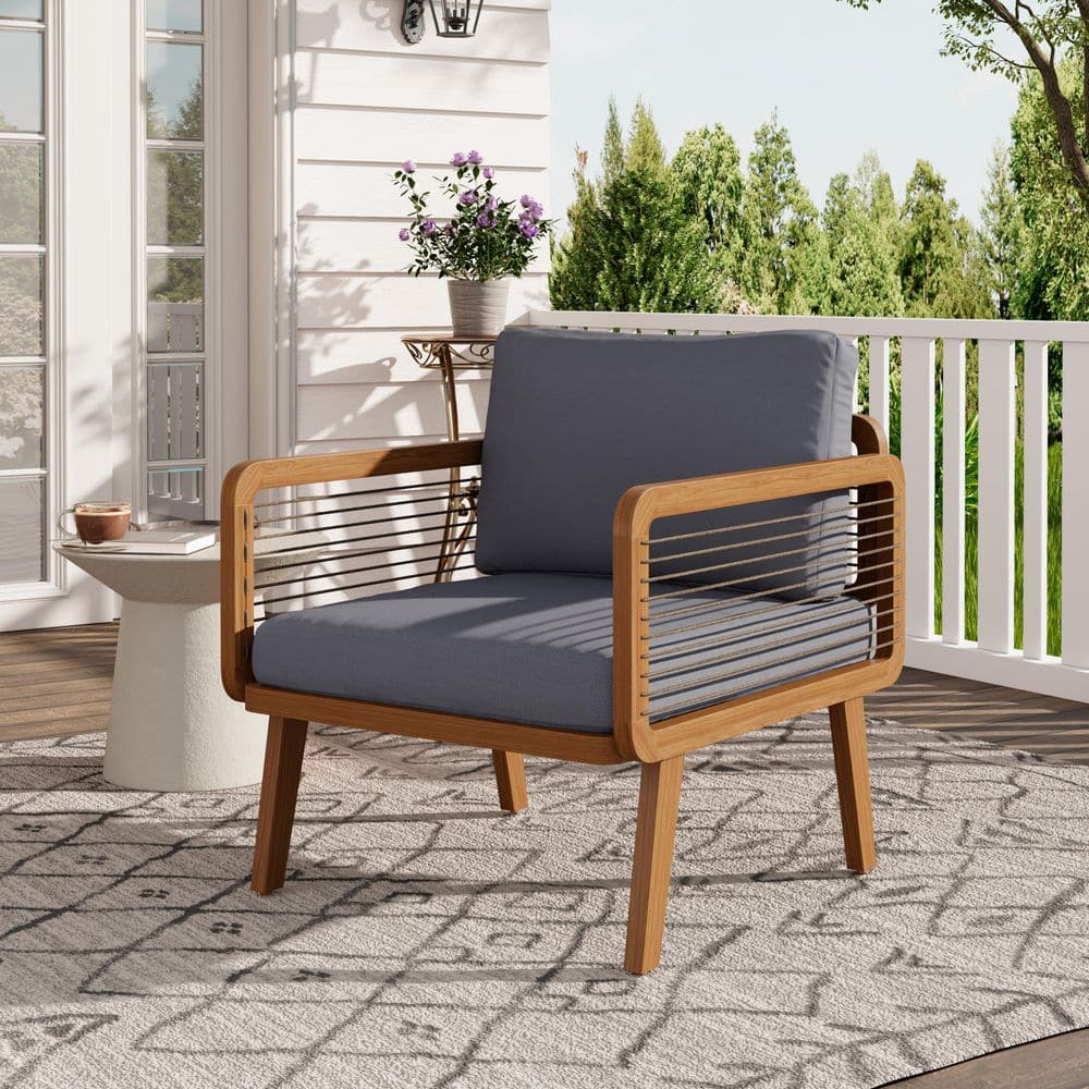 Sylvia Modern Patio Teak Finish Solid Wood and Rope Weave Outdoor Lounge Chair with Gray Cushions price history on PriceWatchPro