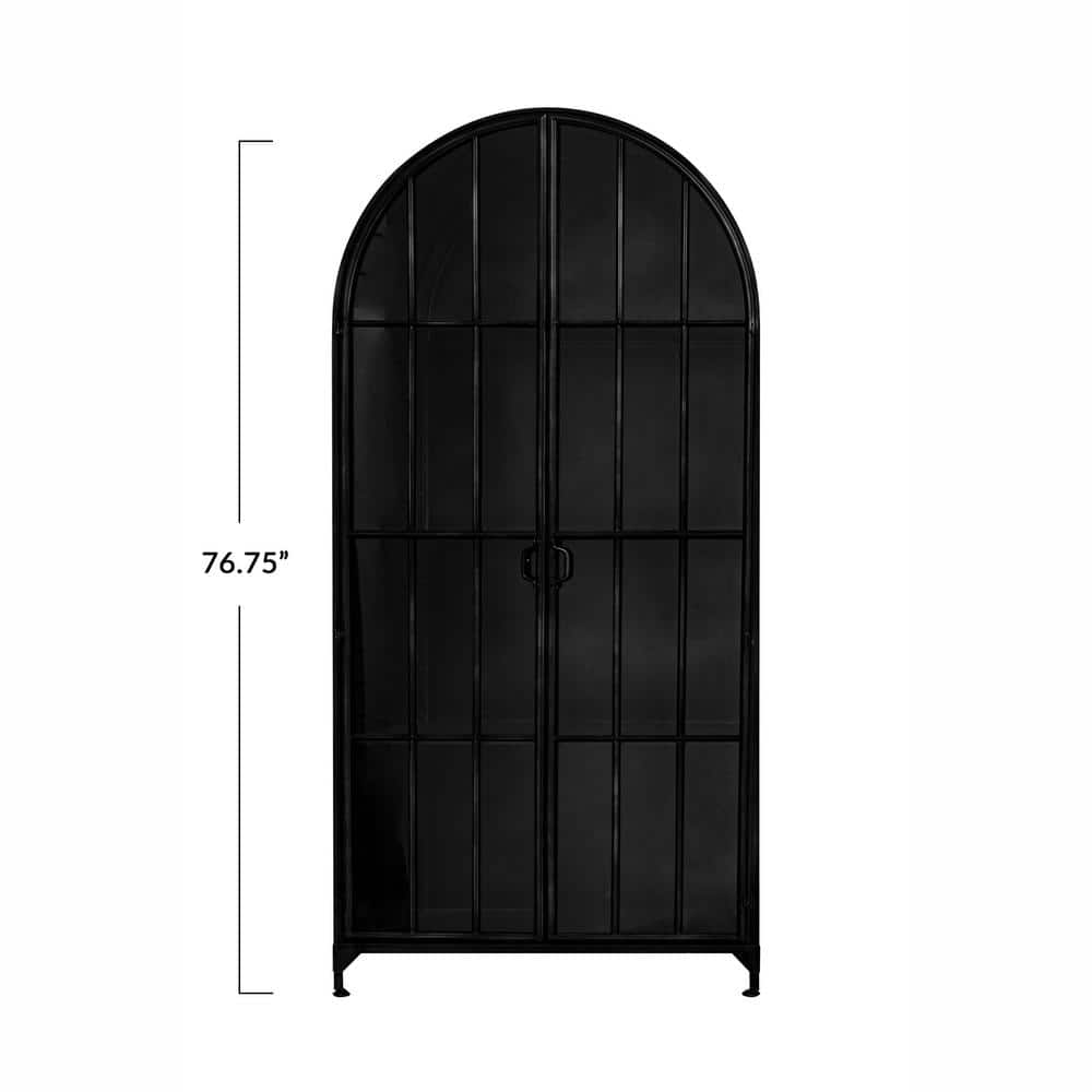 Arched Black Iron and Glass Office Storage Cabinet
