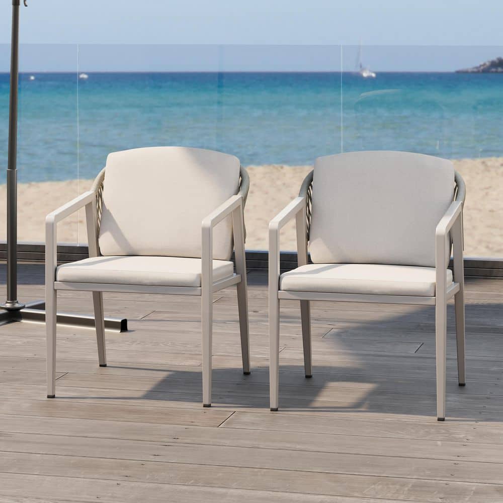 Patio PE Rattan Woven Rope Backrest and Grey Metal Frame Outdoor Dining Chair with Beige Cushions, Set of 2