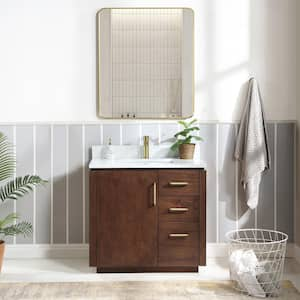 San 36 in.W x 22 in.D x 33.8 in.H Single Sink Bath Vanity in Natural Walnut with White Composite Stone Top and Mirror