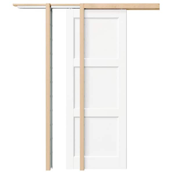 64 in. x 80 in. 3 Panel, Solid Core, DIY Painted, White Primed, MDF, Pre-assembled Sliding Door with All Hardware
