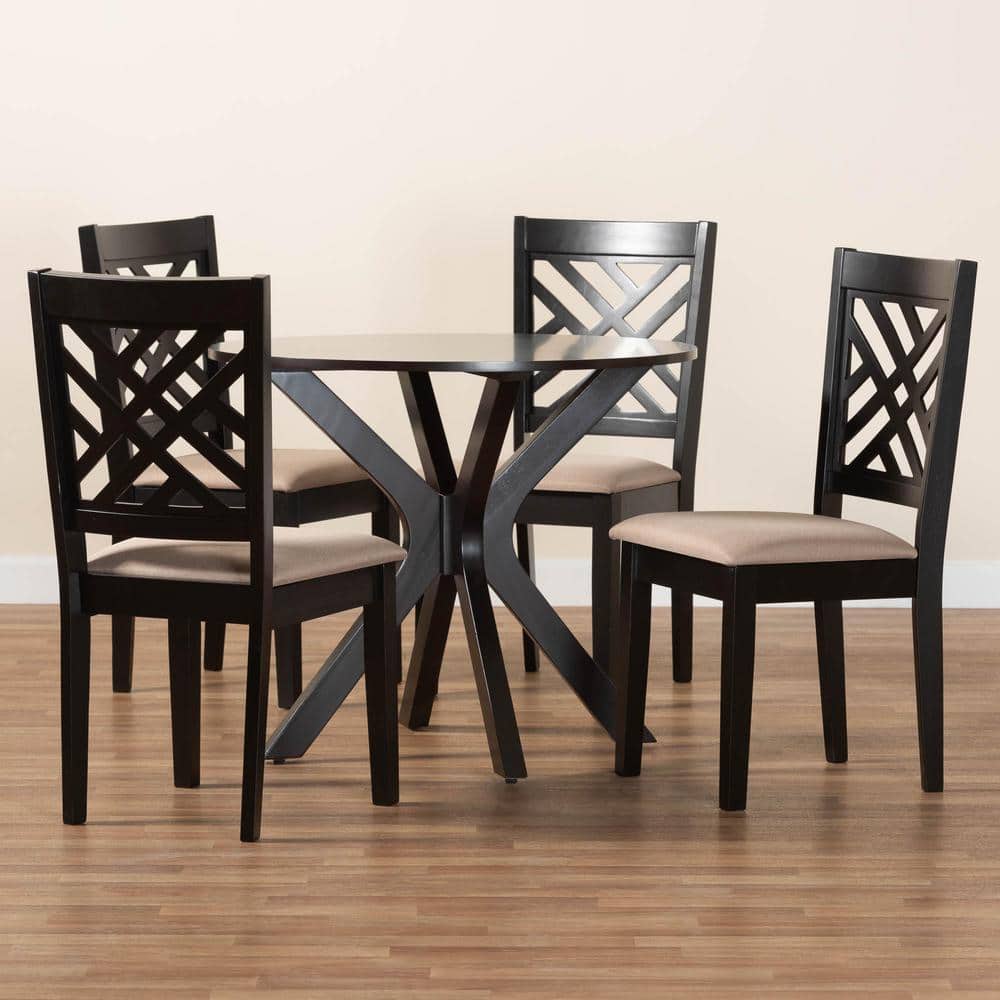 Norah Sand Fabric and Dark Brown Wood 5-Piece Dining Set