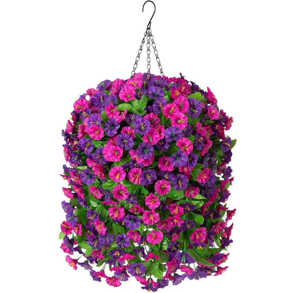 花てん 25 in. Red Outdoor Artificial Flowers with Hanging Basket Garden