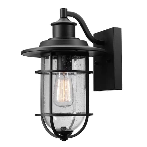 Globe Electric Turner 13.58 in. 1-Light Vintage Black Outdoor Wall Light Lantern Sconce with Clear Seeded Glass