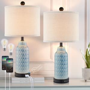 Gavivi 22 in. H Blue Ceremic Table Lamp Set with 2 USB Ports (Set of 2)