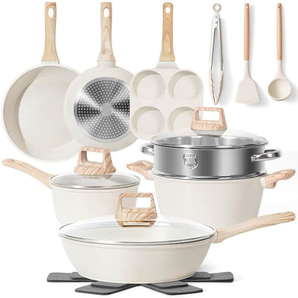 17 Piece Aluminum Nonstick Nontoxic Cookware Set with Frying Pans Set Saucepans Steamer (PFAS, PFOA, PFOS Free) in White