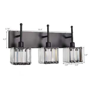 18.4 in. 3-Light Modern Satin Black Bathroom Vanity Light with Cube Crystal Shades