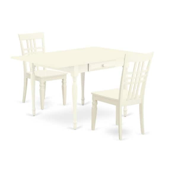 East West Furniture 3-Piece Linen White Finish Solid Wood Top with Dropleaf Dining Table Set