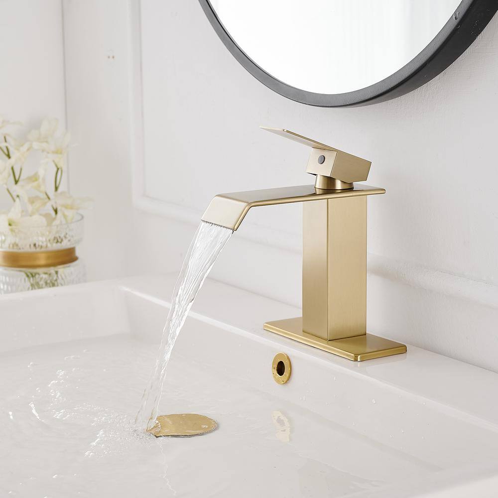 Brushed Gold Single-Handle Low-Arc Bathroom Faucet with Supply Line