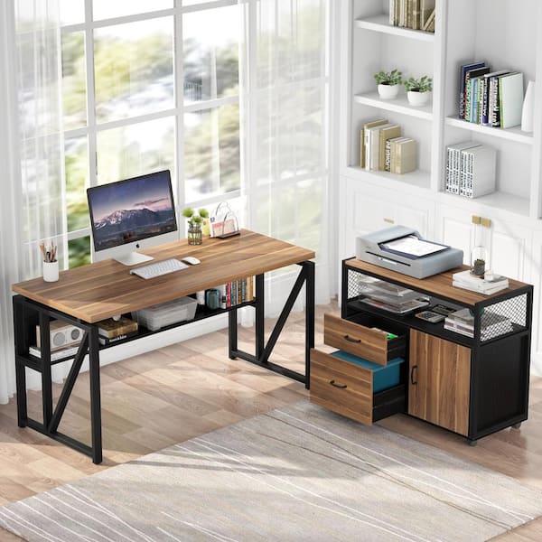 Lantz 55.1 in. L Shaped Desk Brown Engineered Wood 2-Drawer Computer Desk with File Cabinet
