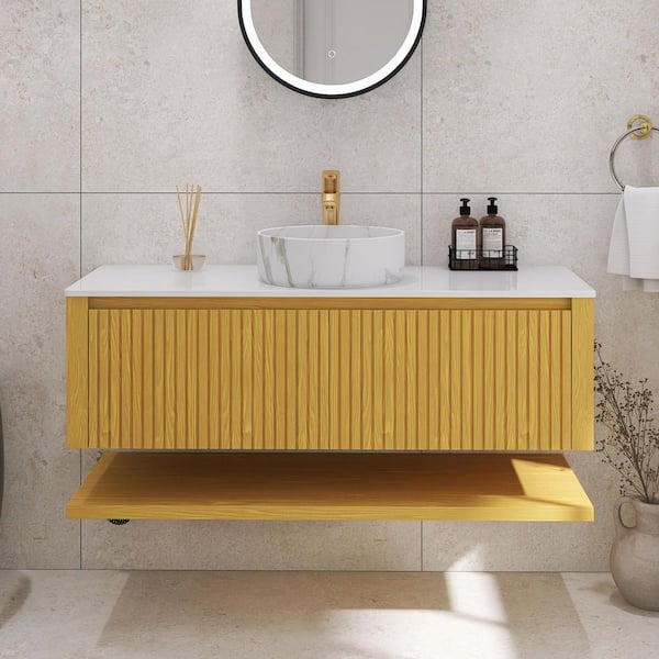 TCYO 48 in. Wall Mounted Light Oak Bath Vanity with White Sintered ...