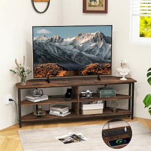 Rustic Brown Corner TV Stand Fits for TVs up to 65 in. TV with AC Outlets and USB A Ports