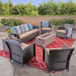 St. Lucia Brown 7-Piece Faux Rattan Patio Fire Pit Conversation Set with Tan Cushions