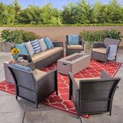 St. Lucia Brown 7-Piece Faux Rattan Patio Fire Pit Conversation Set with Tan Cushions