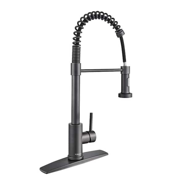 FORIOUS Single Spring Handle Kitchen Faucet with Pull Down Function Sprayer Kitchen Sink Faucet with Deck Plate in Gunmetal