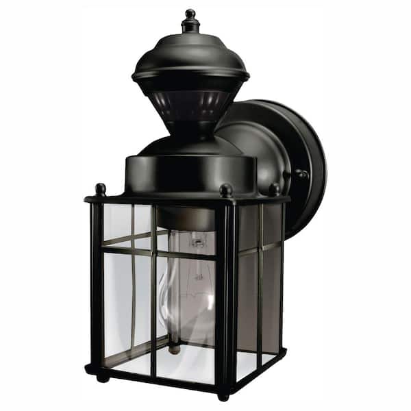 Bayside 9.5 in. 1-Light Farmhouse Matte Black Motion Sensing Outdoor Wall Light Lantern Sconce with Clear Glass Shade