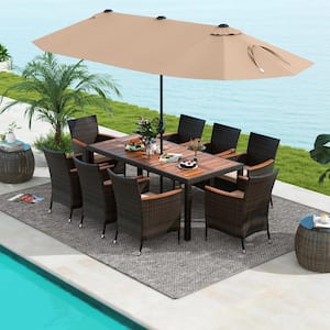 9-Piece Acacia Wood Outdoor Dining Set with Brown 15 Feet Double-Sided Twin Patio Umbrella, Beige Cushion