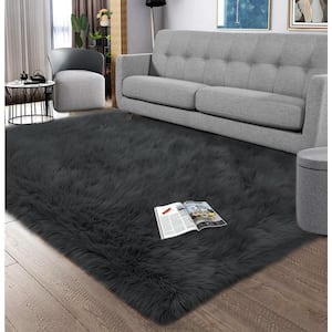 Sheepskin Faux Fur Dark Gray 5 ft. x 7 ft. Cozy Fluffy Rugs Area Rug