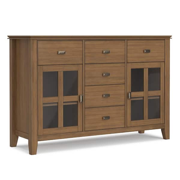 Artisan Rustic Natural Aged Brown Solid Wood Buffet with Drawers, Glass Doors, and Adjustable Shelves